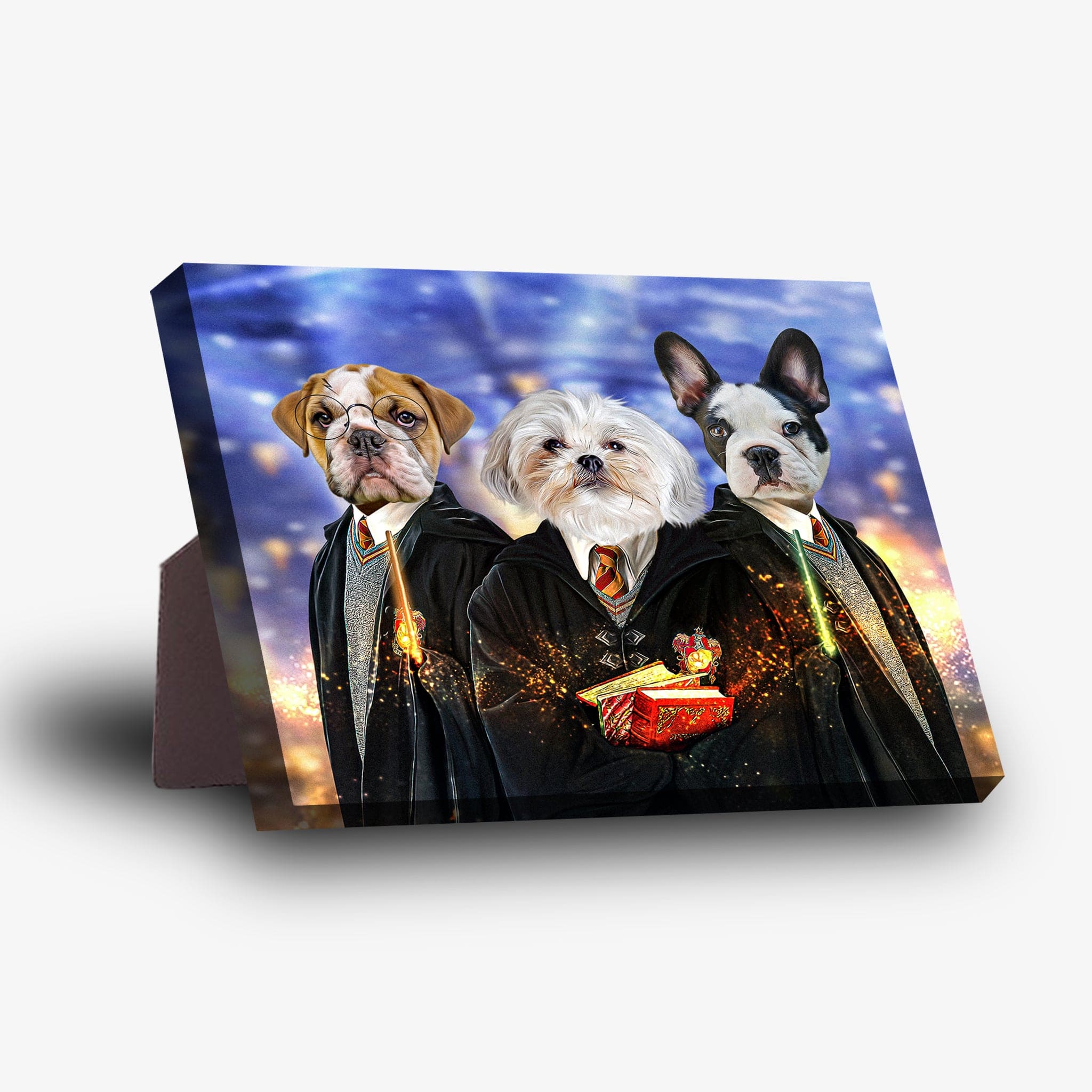 Personalized Harry Doggers standing canvas featuring three pets in wizard robes against a magical blue and gold background.