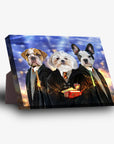 Personalized Harry Doggers standing canvas featuring three pets in wizard robes against a magical blue and gold background.