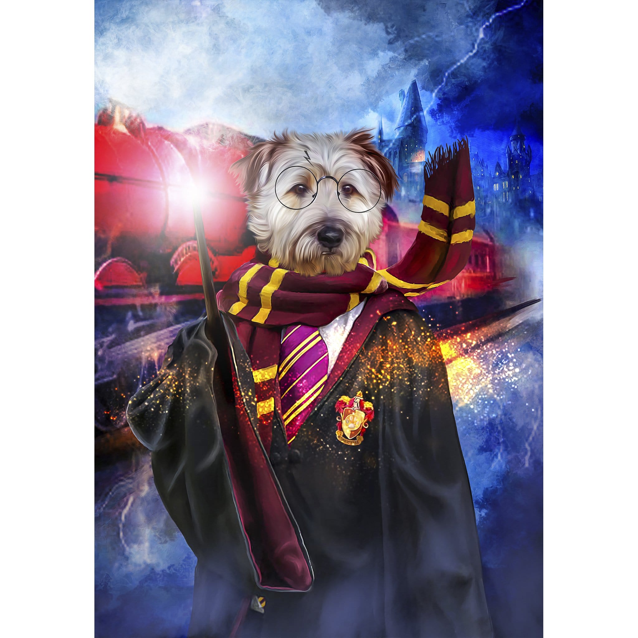 Custom digital portrait of a dog as Harry Potter, wearing glasses, robe, and scarf, holding a glowing wand.