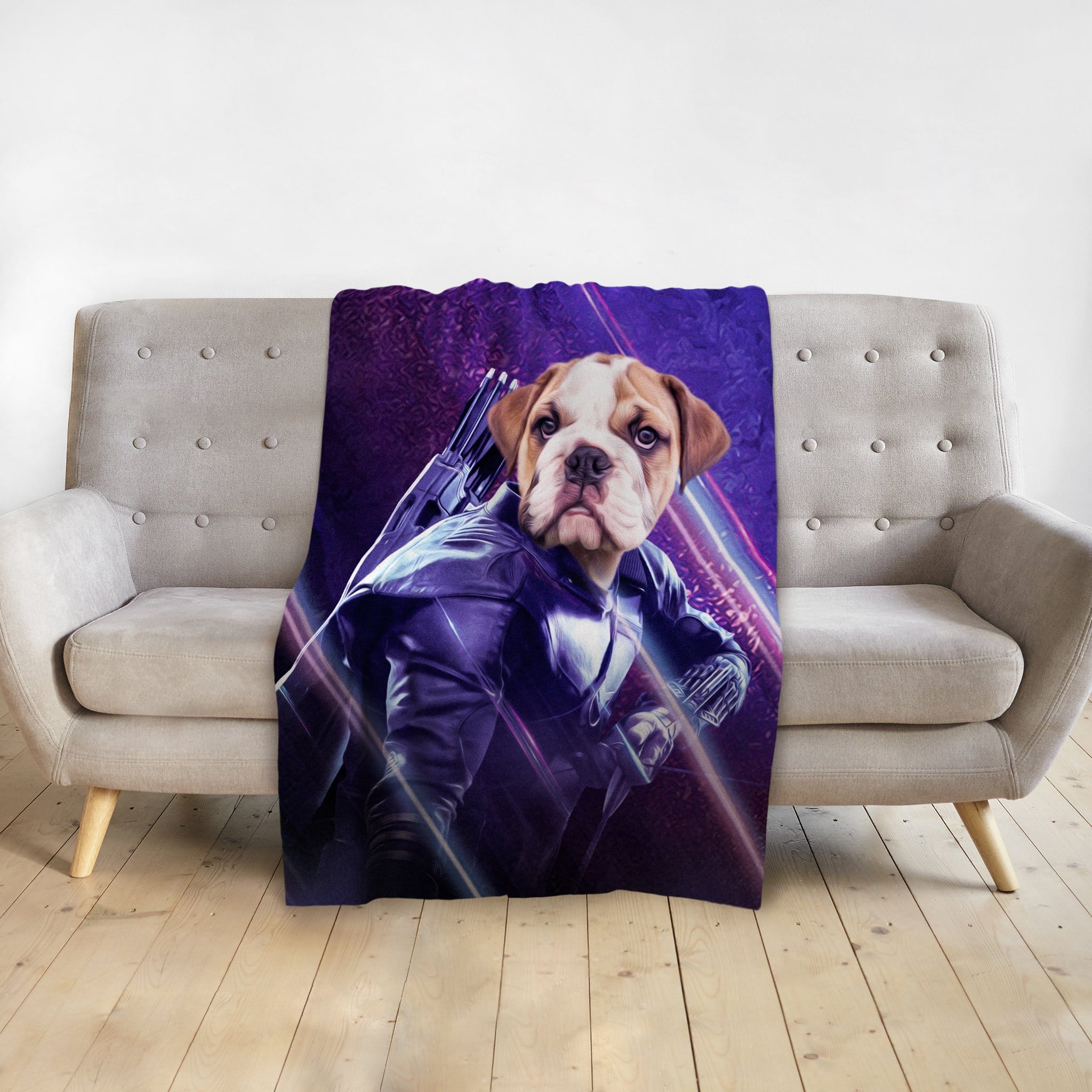 Personalized pet blanket with a bulldog in a Hawkeye-style superhero portrait.