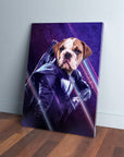 Personalized 'Hawkeye Doggo' canvas featuring a bulldog's head on a superhero body, leaning against a wall.