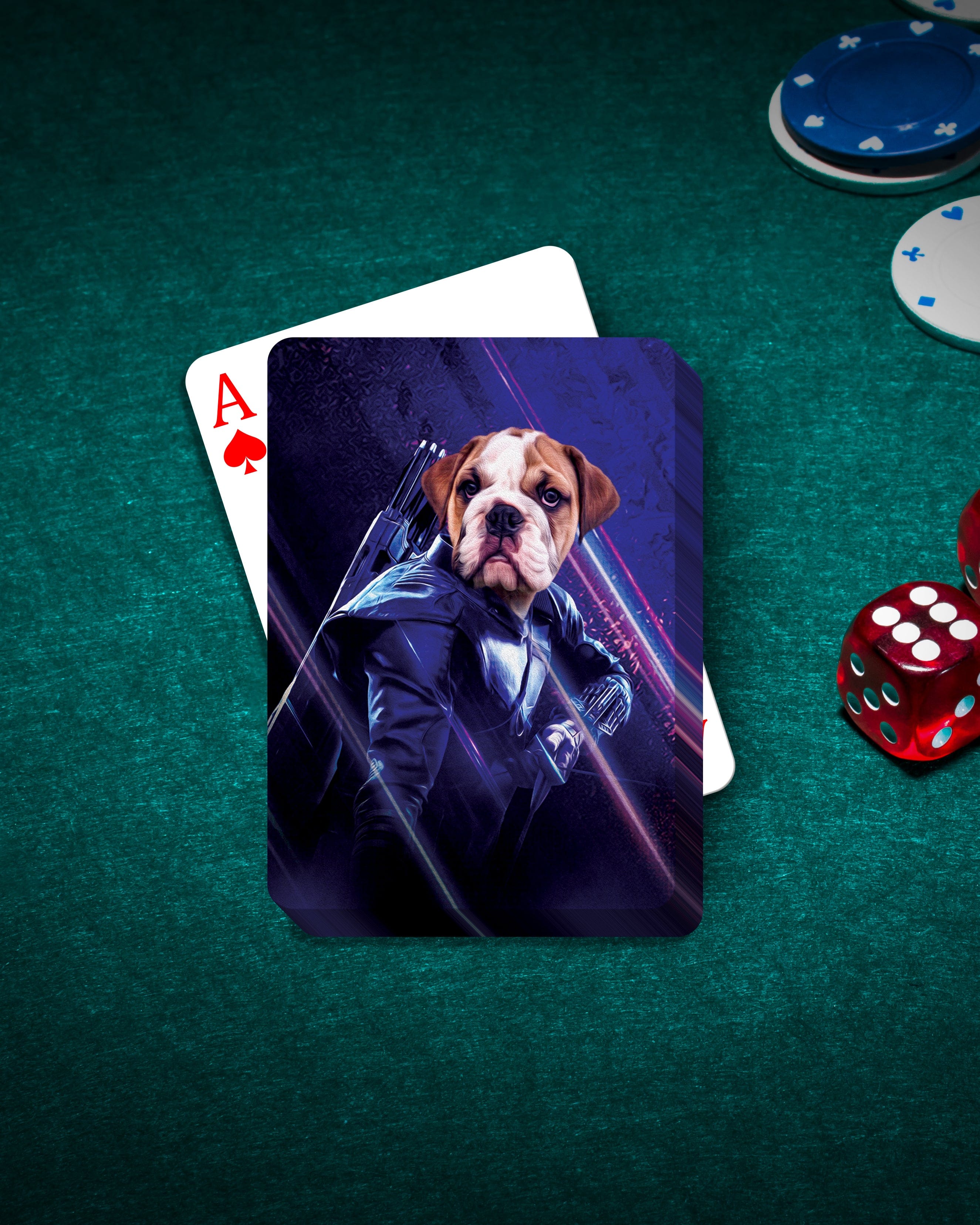 Personalized Hawkeye Doggo playing card featuring a bulldog in a superhero suit, on a green felt table with dice and chips.