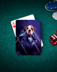 Personalized Hawkeye Doggo playing card featuring a bulldog in a superhero suit, on a green felt table with dice and chips.