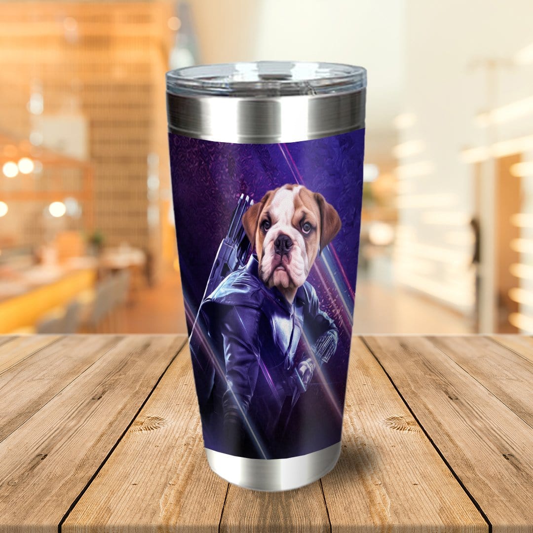 Personalized stainless steel tumbler with a custom cartoon portrait of a bulldog dressed as Hawkeye.