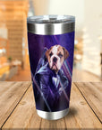 Personalized stainless steel tumbler with a custom cartoon portrait of a bulldog dressed as Hawkeye.