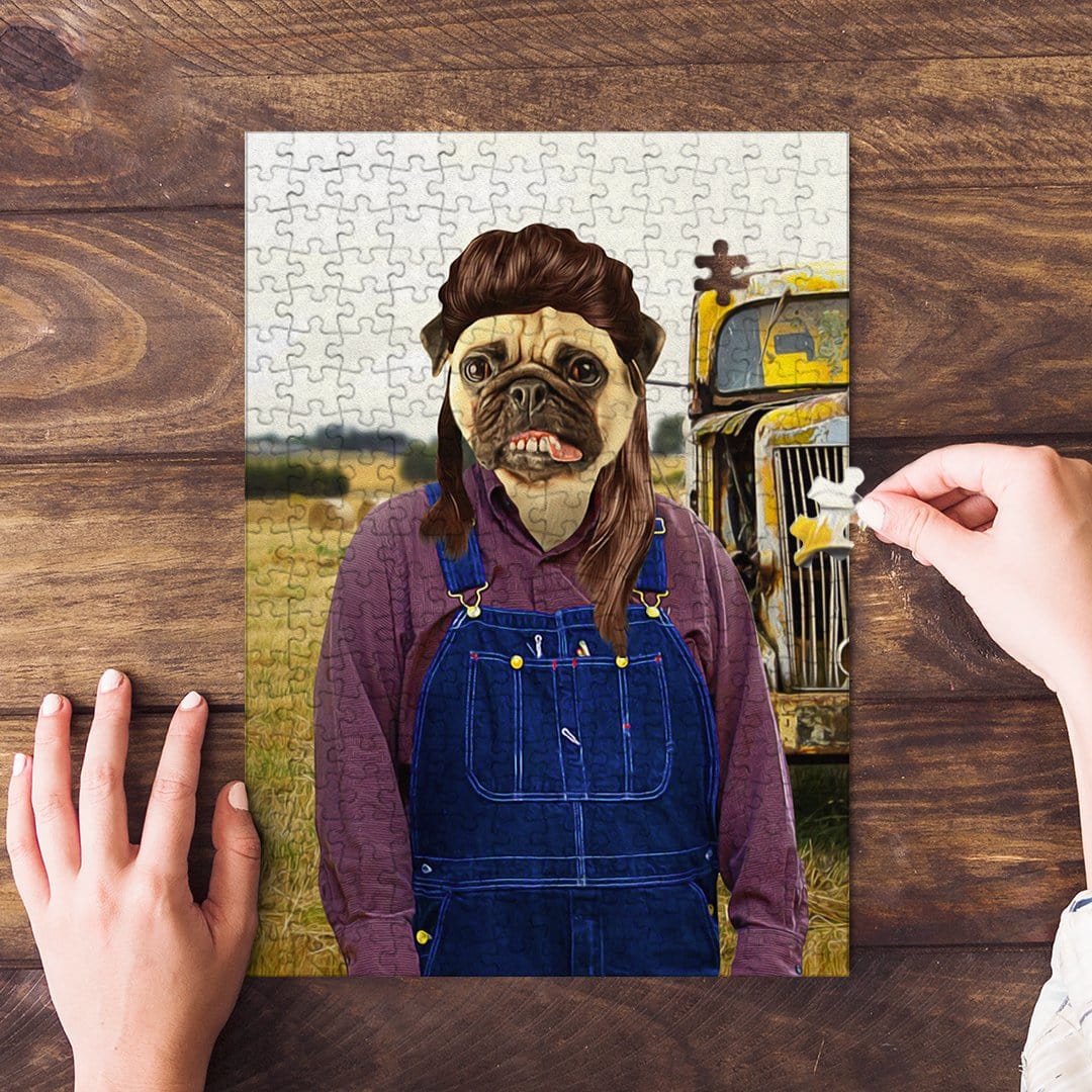 Personalized 'Hillbilly' pet puzzle featuring a pug in overalls, on a wooden table.