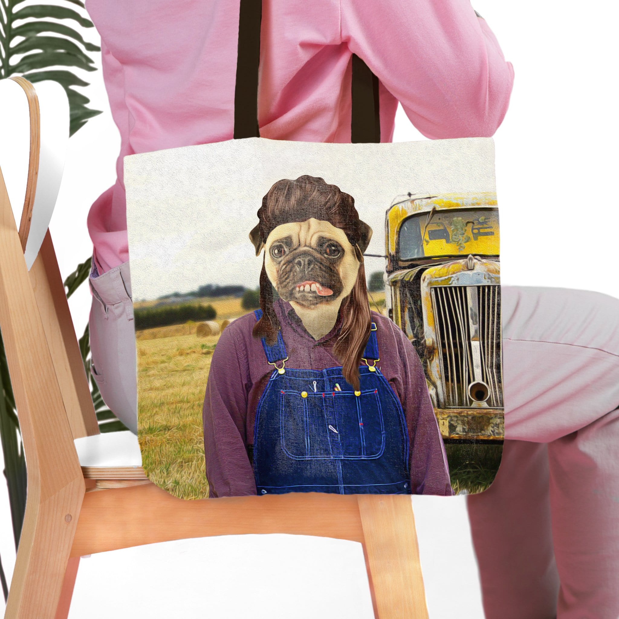 Personalized 'Hillbilly' tote bag with a pug's head on a farmer's body, rustic background.