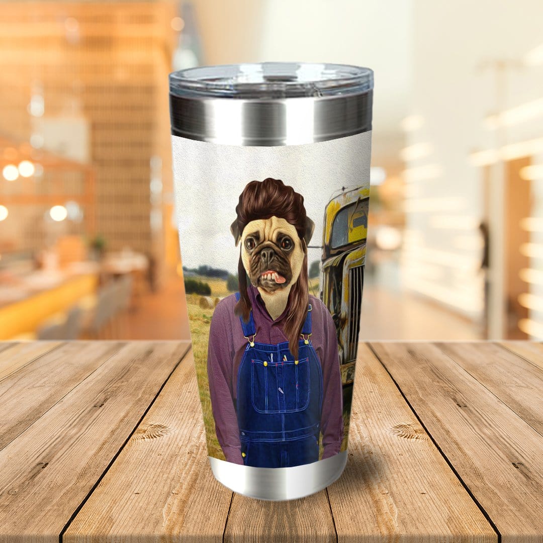 Personalized 7" stainless steel tumbler with a custom pug pet portrait in a "hillbilly" style, wearing overalls.