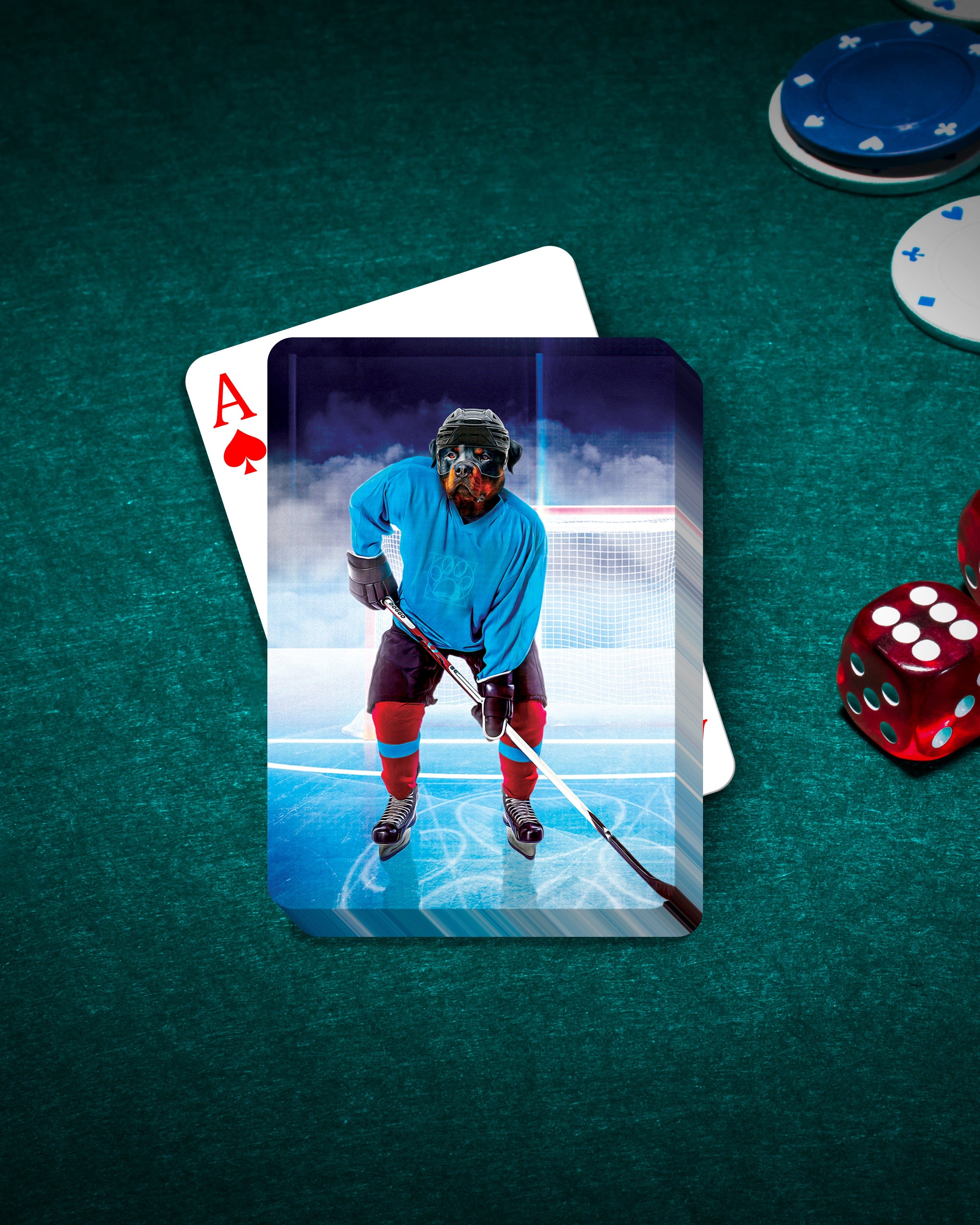 Personalized playing card featuring a custom dog portrait as a hockey player on a green felt table.