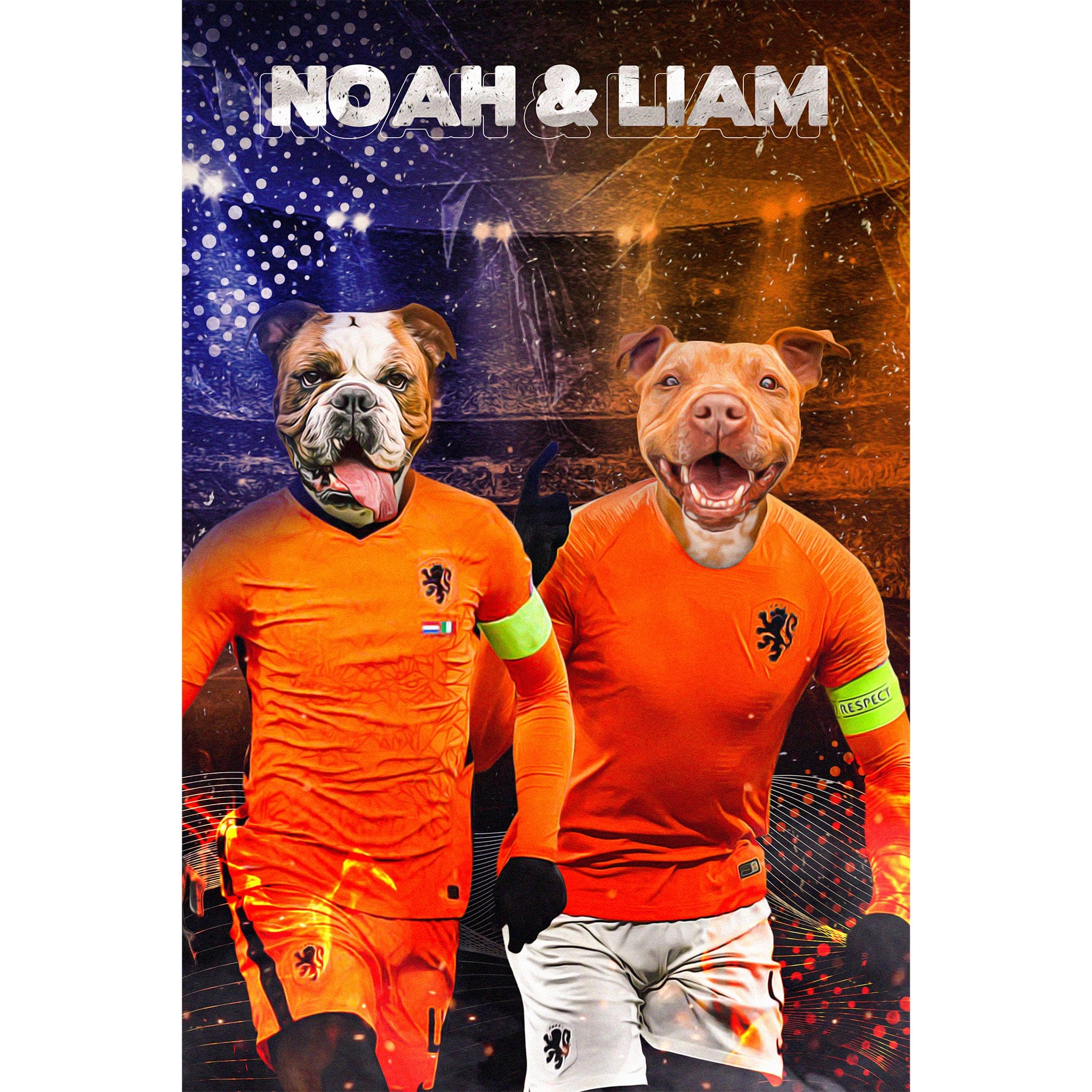Custom digital portrait of two dogs in orange Dutch soccer uniforms.