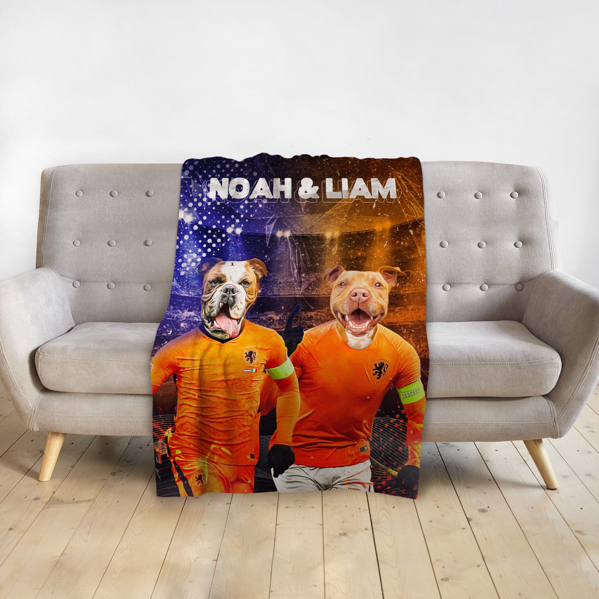 Custom personalized blanket with two dogs in orange soccer uniforms, "Noah &amp; Liam" text.