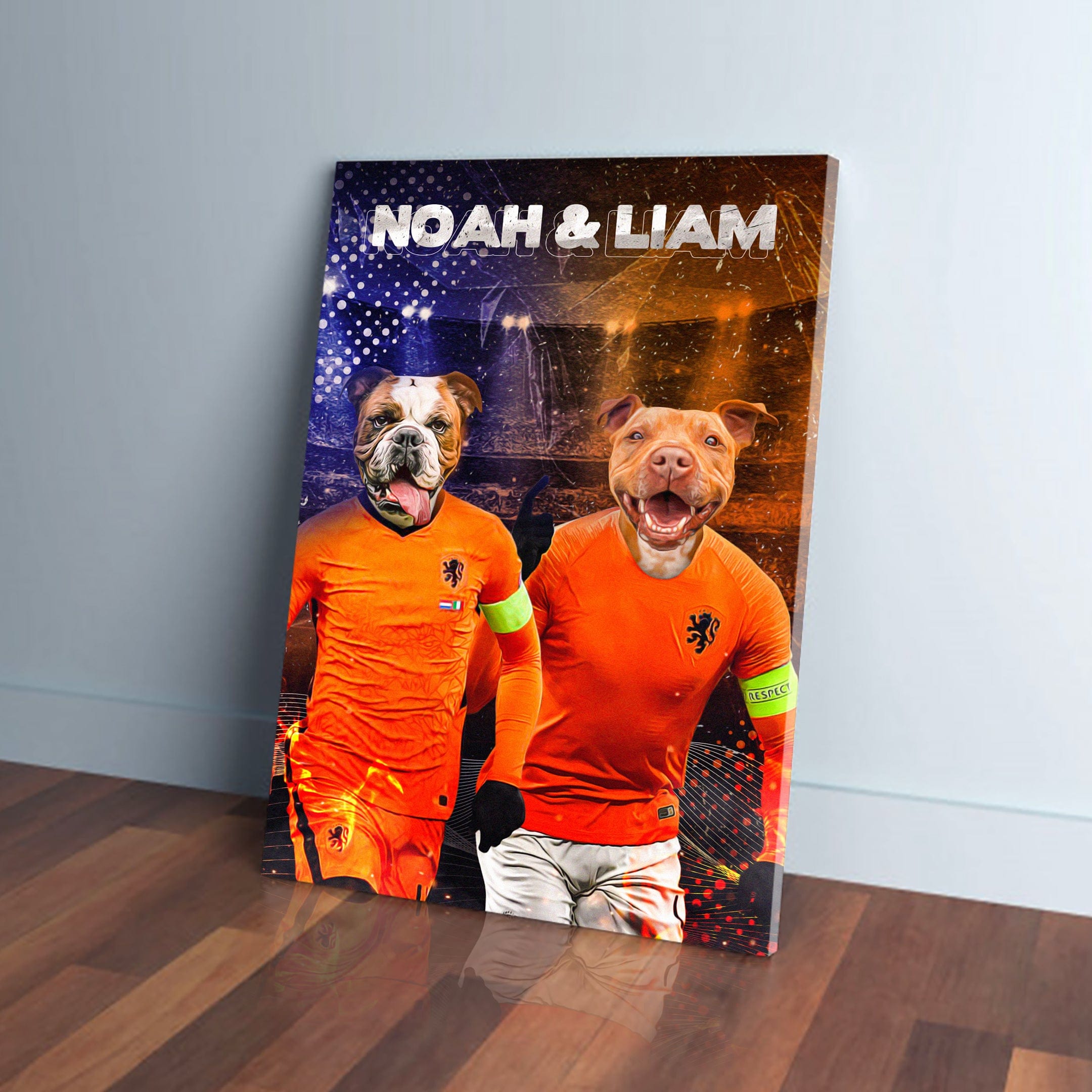 Personalized 'Holland Doggos' canvas featuring two pets in orange soccer jerseys with names "Noah & Liam.