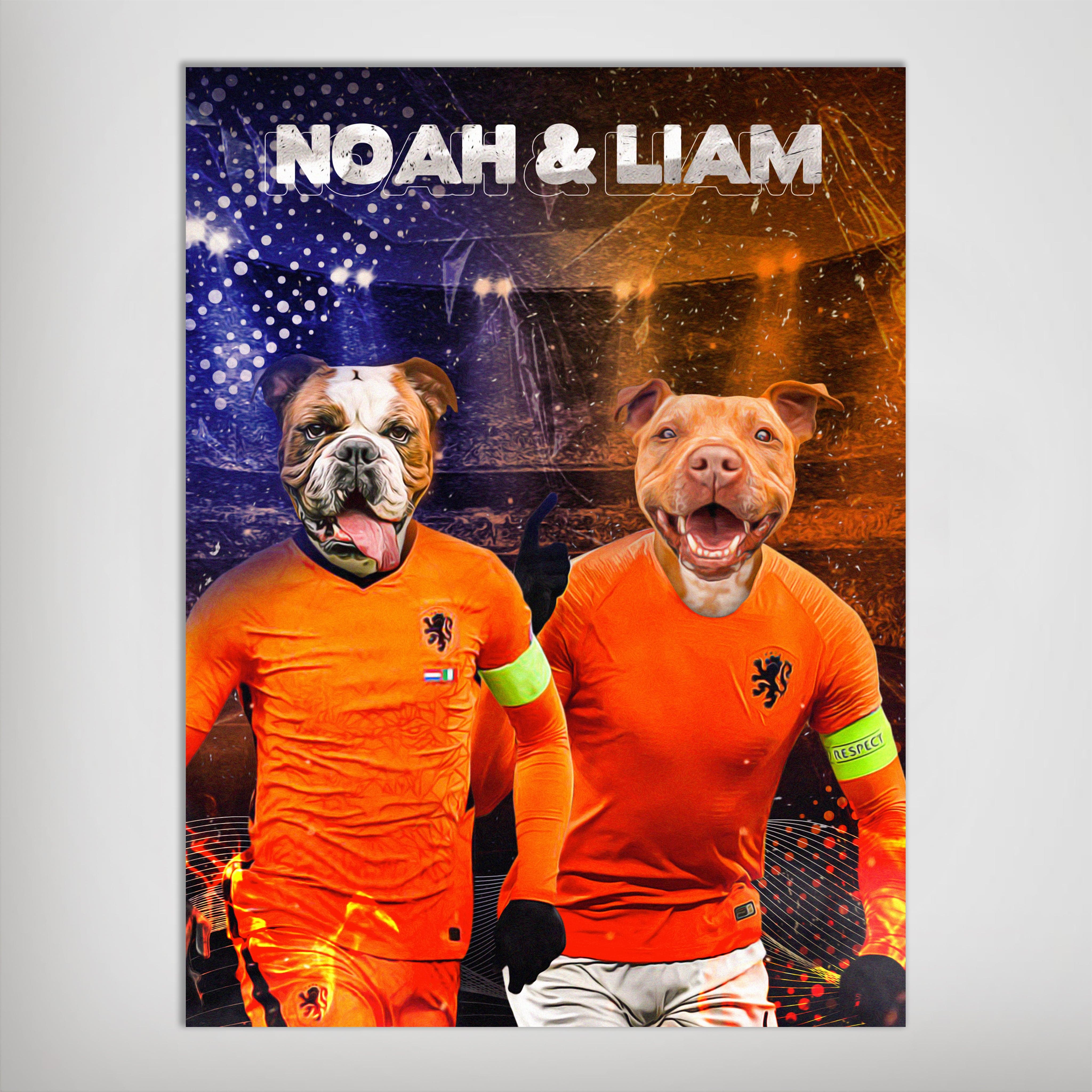 Personalized 'Holland Doggos' poster featuring two pets in orange soccer jerseys with "NOAH & LIAM" above.