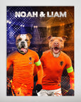 Personalized 'Holland Doggos' poster featuring two pets in orange soccer jerseys with "NOAH & LIAM" above.