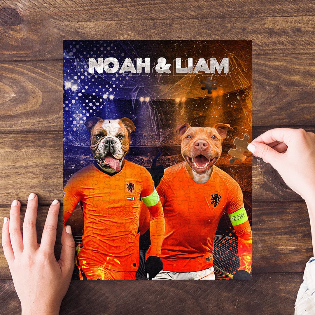 Personalized 2 pet puzzle featuring two dogs in orange soccer jerseys with names "Noah & Liam".