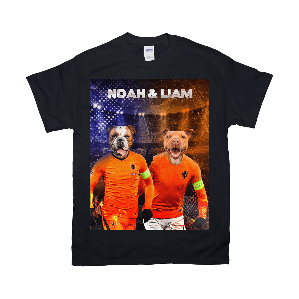 Black Gildan t-shirt featuring two dogs in orange Dutch soccer jerseys, personalized with "NOAH & LIAM".