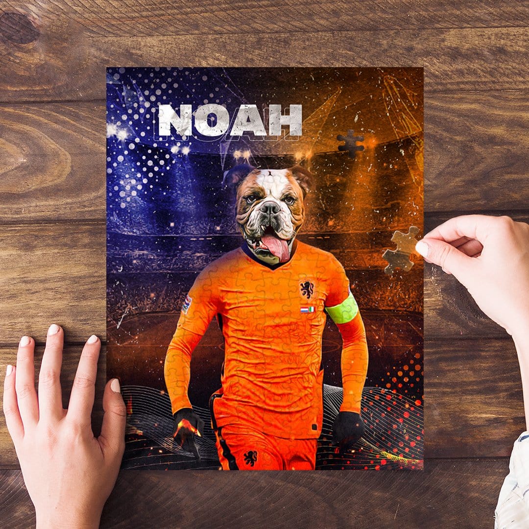 Personalized pet puzzle featuring a bulldog in a Holland soccer uniform, with "NOAH" above.