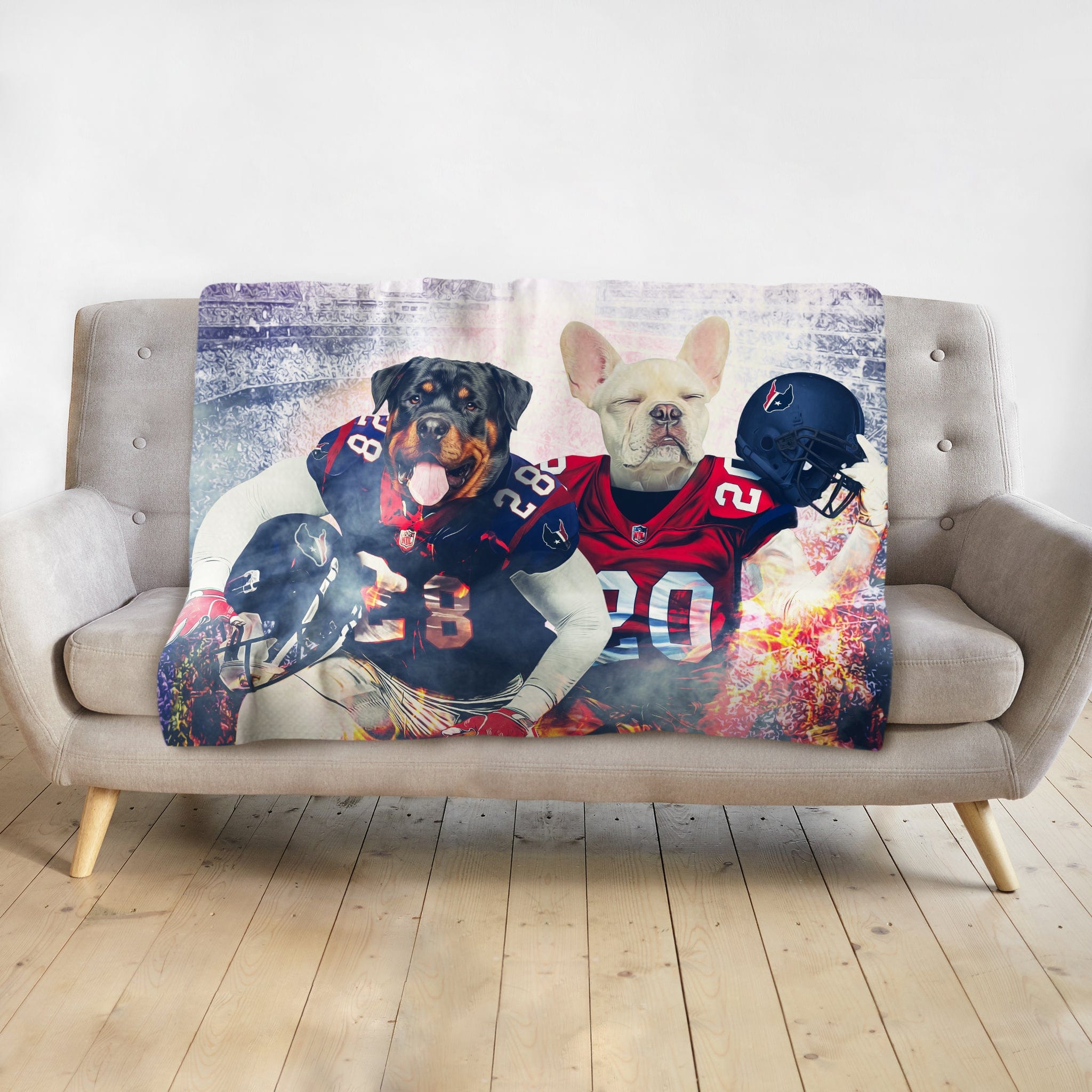 Custom personalized blanket with two pets, a Rottweiler and a French Bulldog, in football uniforms.