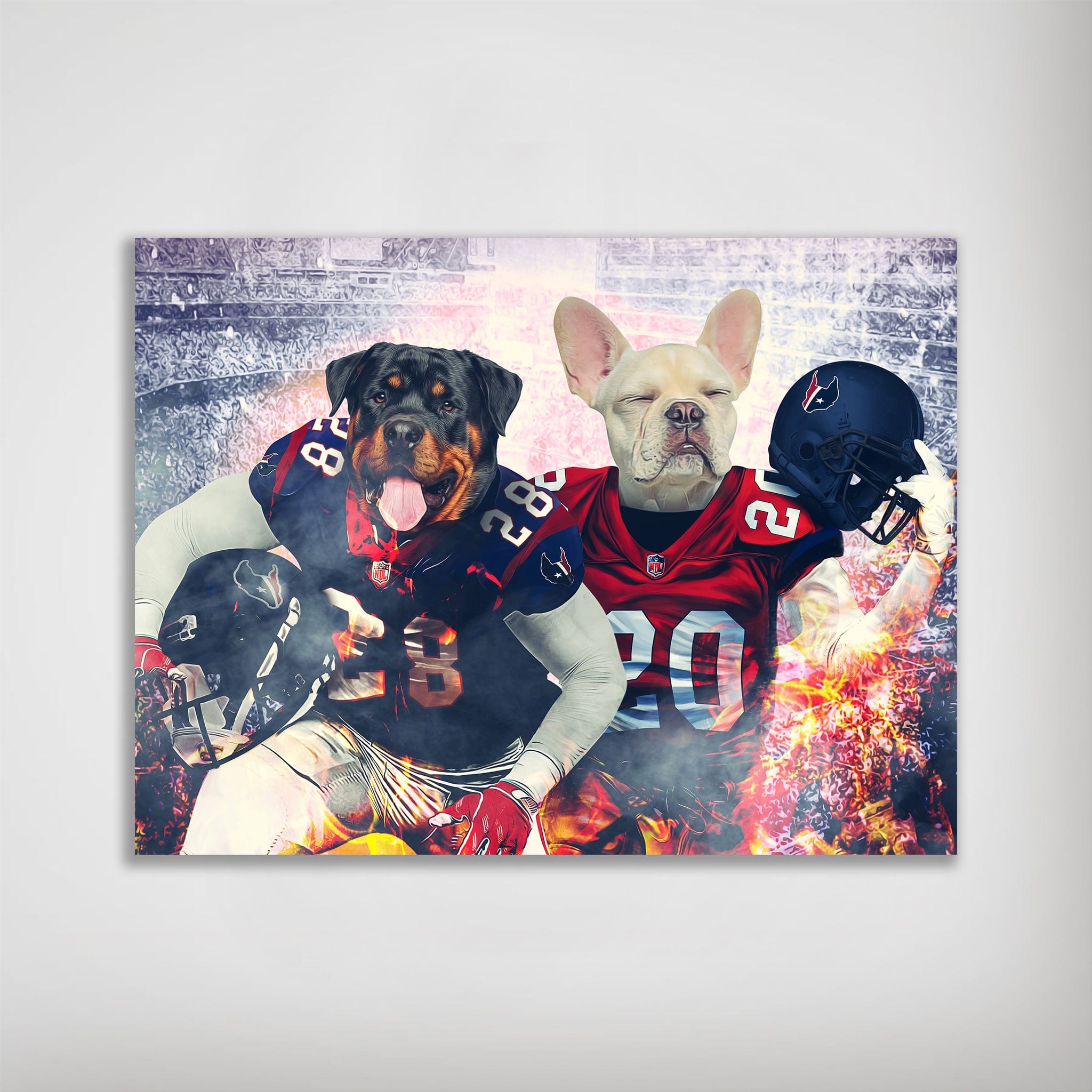 Personalized poster featuring a Rottweiler and French Bulldog in football uniforms with a stadium background.