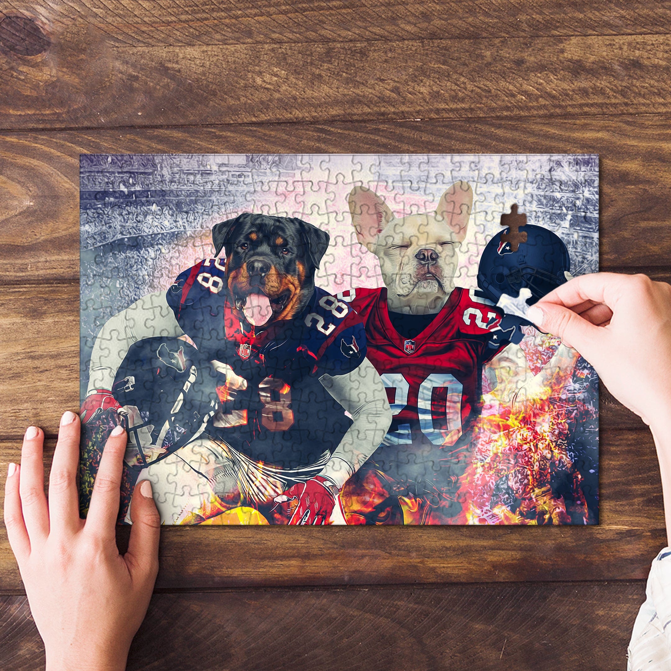 Personalized 2 pet puzzle featuring a Rottweiler and French Bulldog in football uniforms.