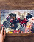 Personalized 2 pet puzzle featuring a Rottweiler and French Bulldog in football uniforms.