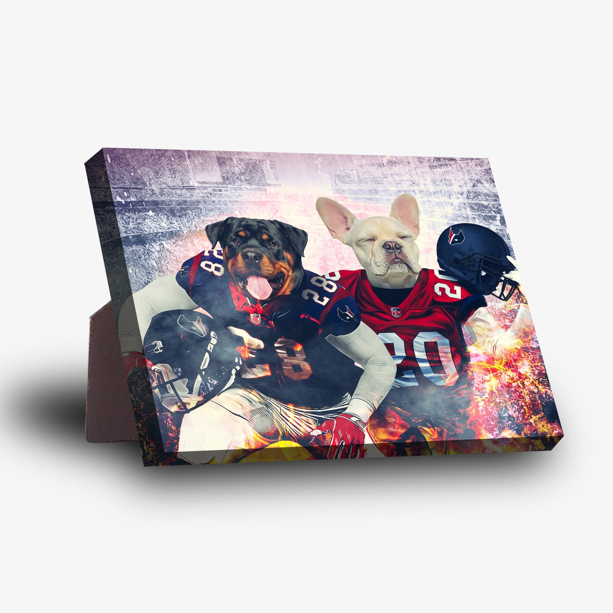 Personalized standing canvas featuring two dogs in football uniforms against a stadium backdrop.