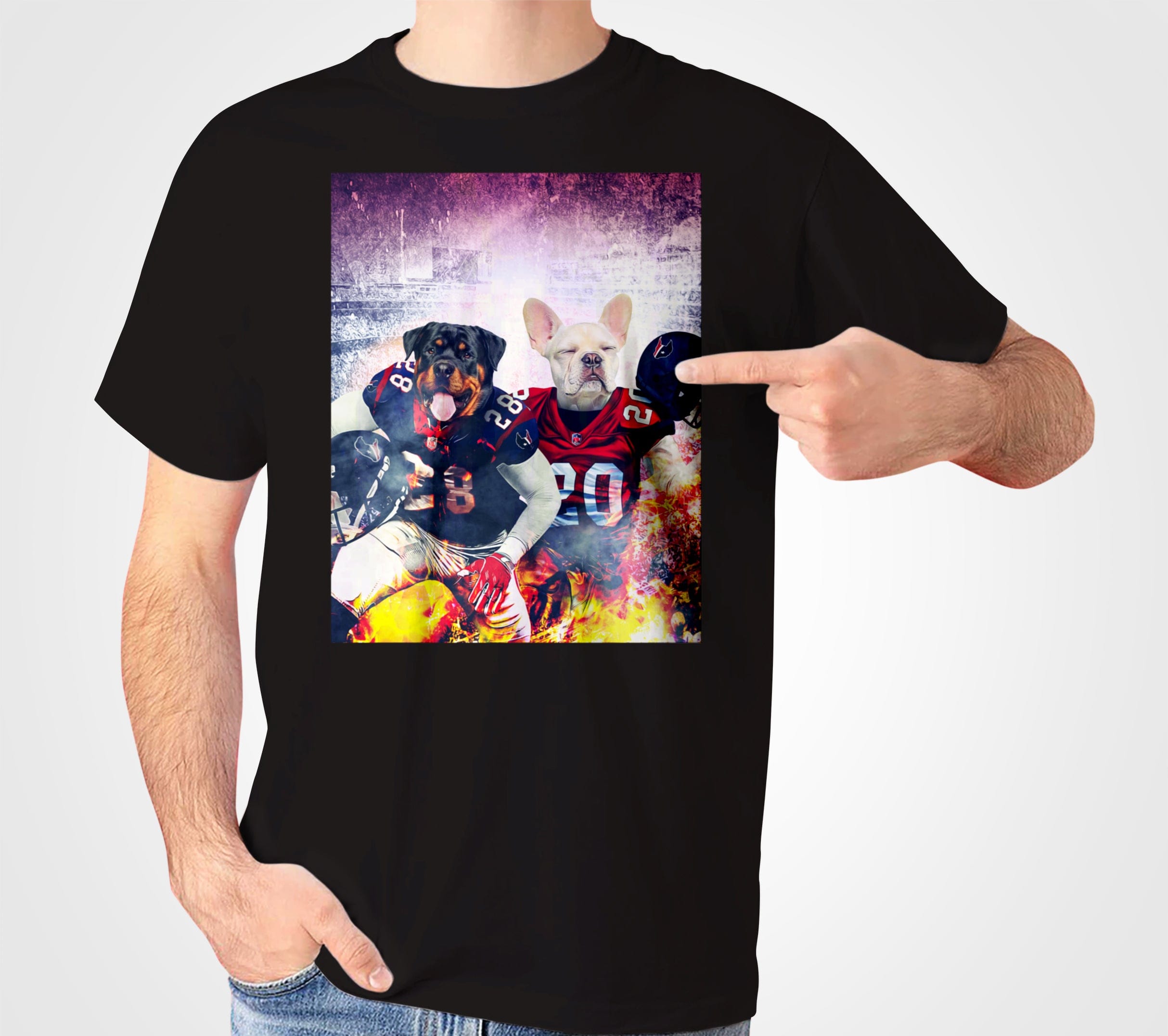 Black Gildan t-shirt featuring a personalized graphic of two dogs in football uniforms, a Rottweiler and a French Bulldog.
