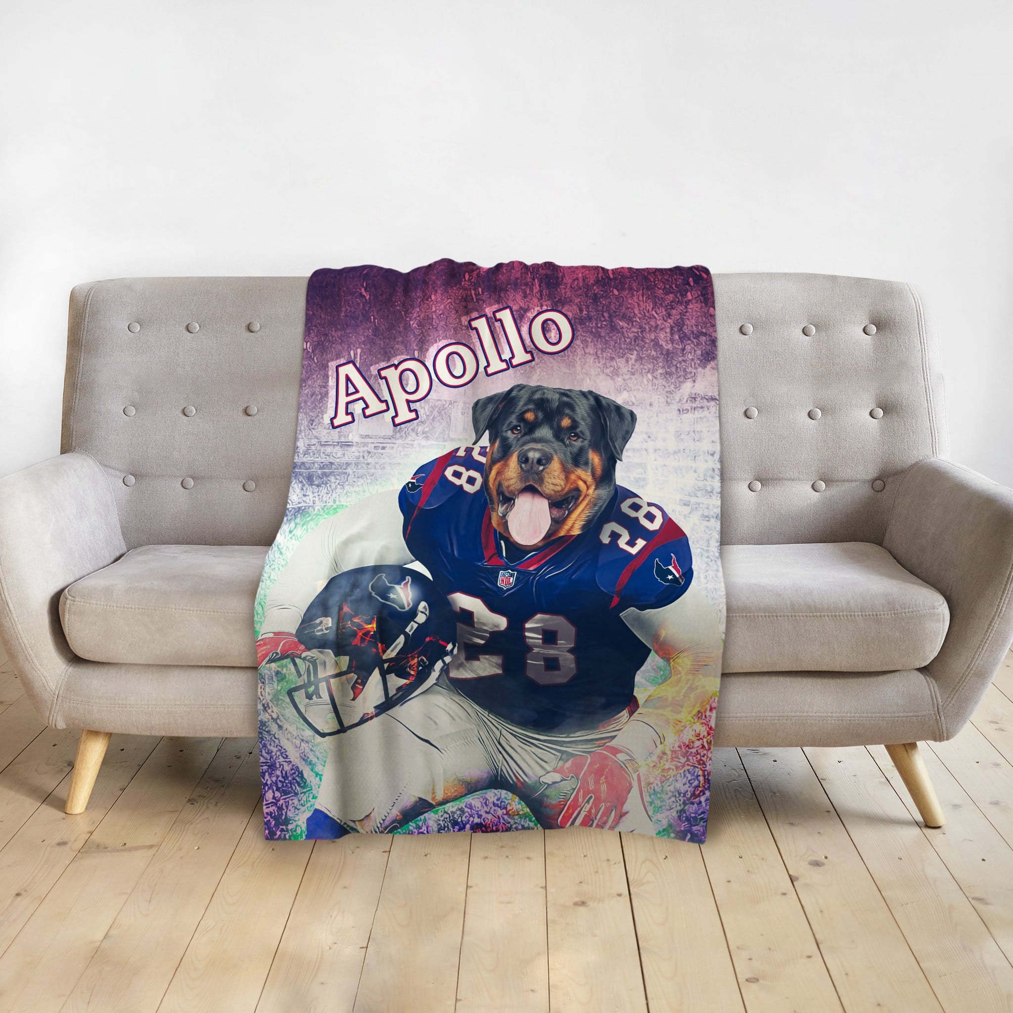 Personalized pet blanket with a Rottweiler in a football uniform and the name "Apollo.
