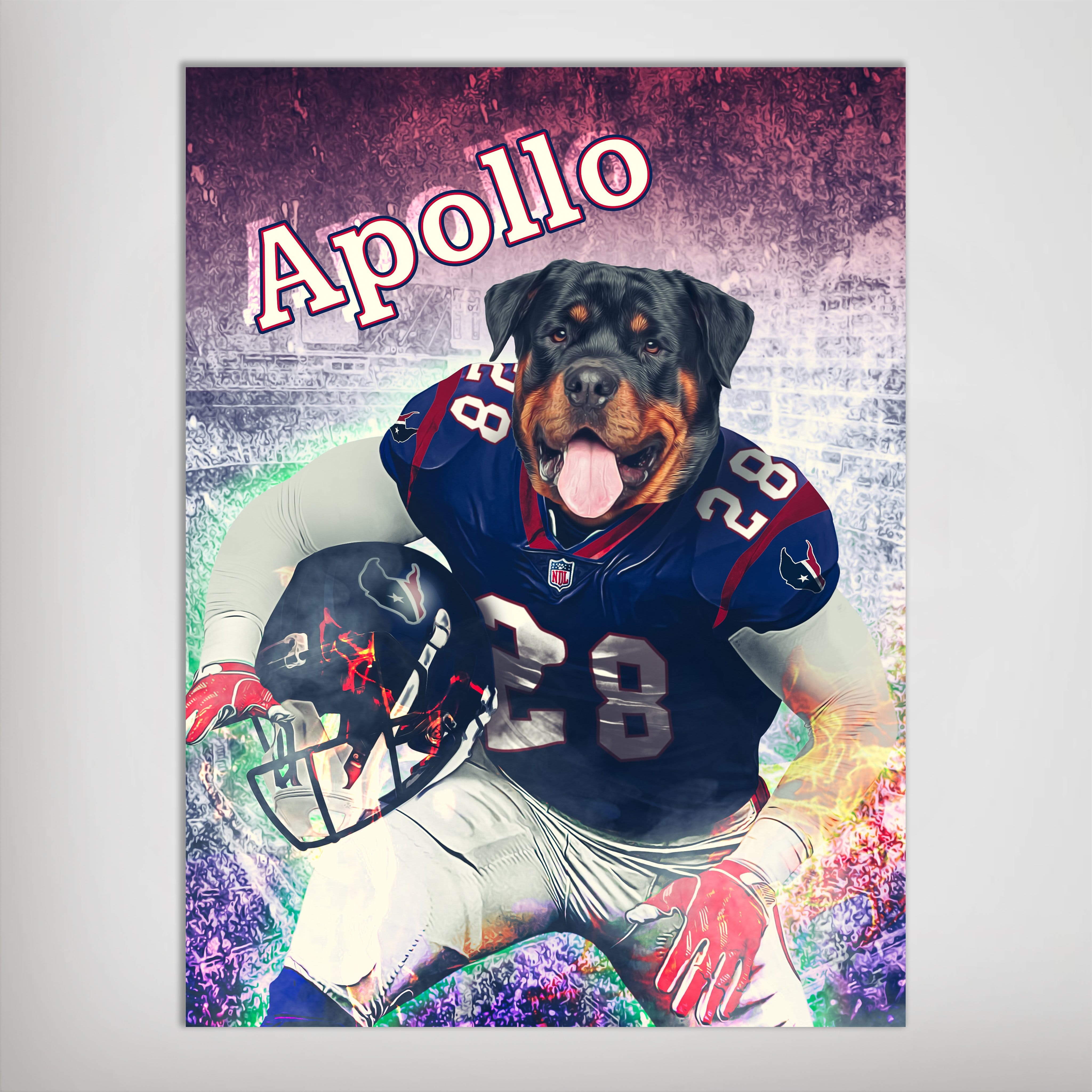 Personalized 'Houston Doggos' poster featuring a Rottweiler in a blue football uniform, holding a helmet, with "Apollo" above.