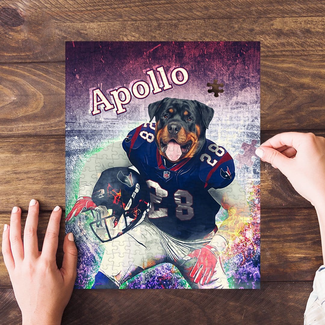 Personalized pet puzzle featuring a Rottweiler in a football uniform, named Apollo.