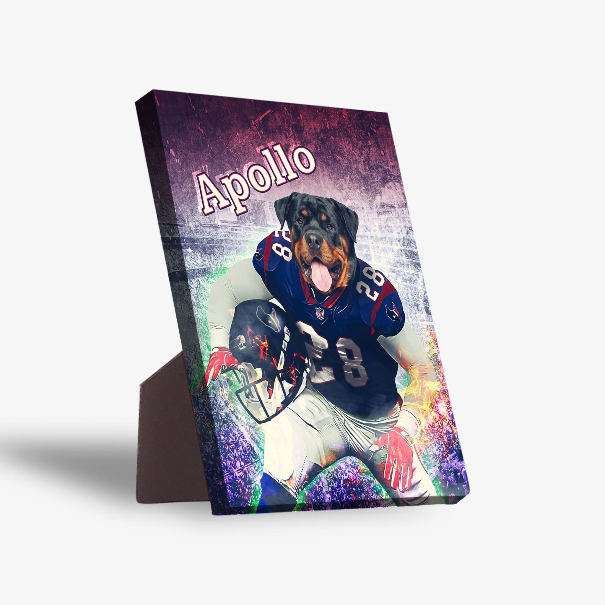 Personalized standing canvas featuring a Rottweiler in a Houston Texans football uniform, named "Apollo.