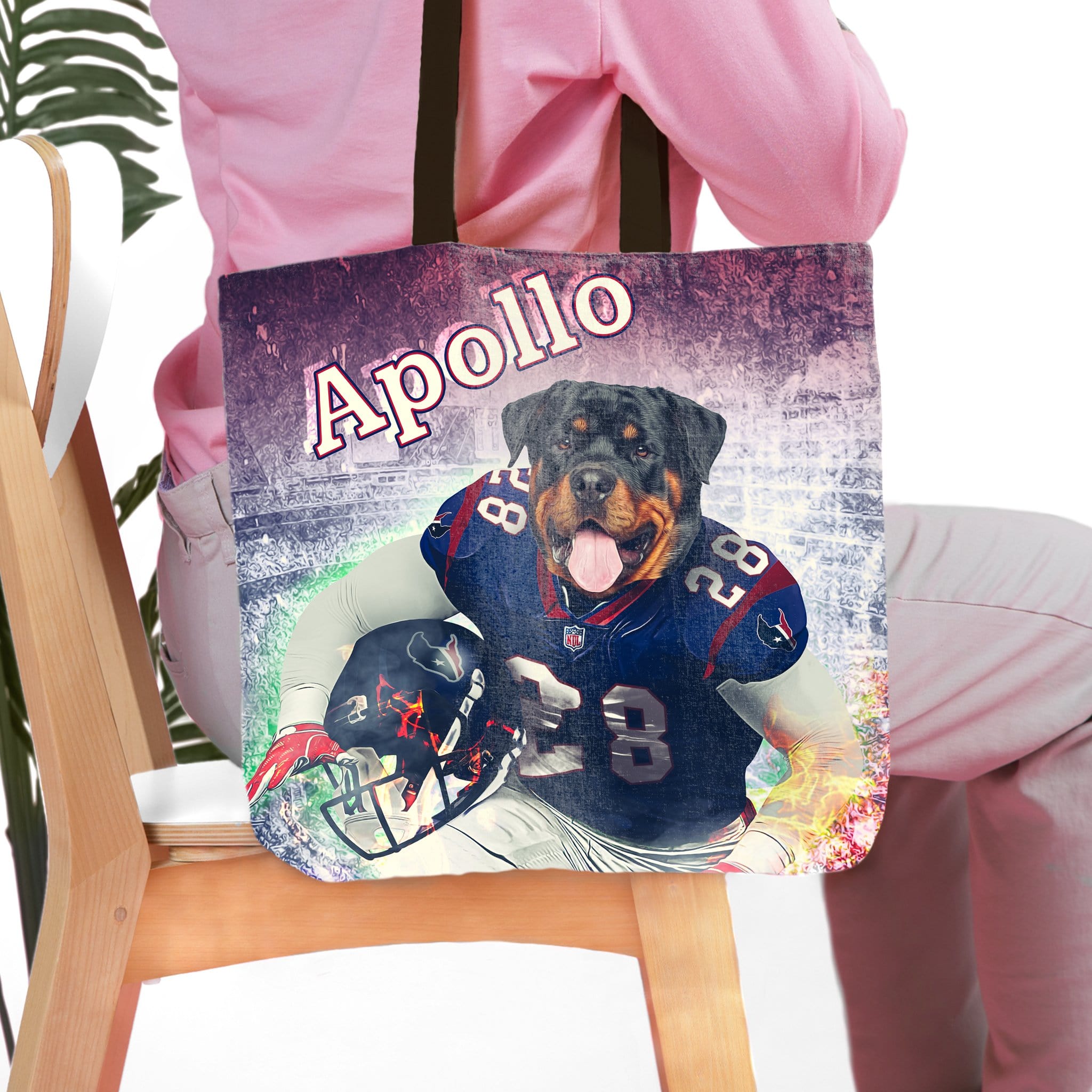 Personalized tote bag with a custom pet portrait of a Rottweiler in a football uniform, named "Apollo".
