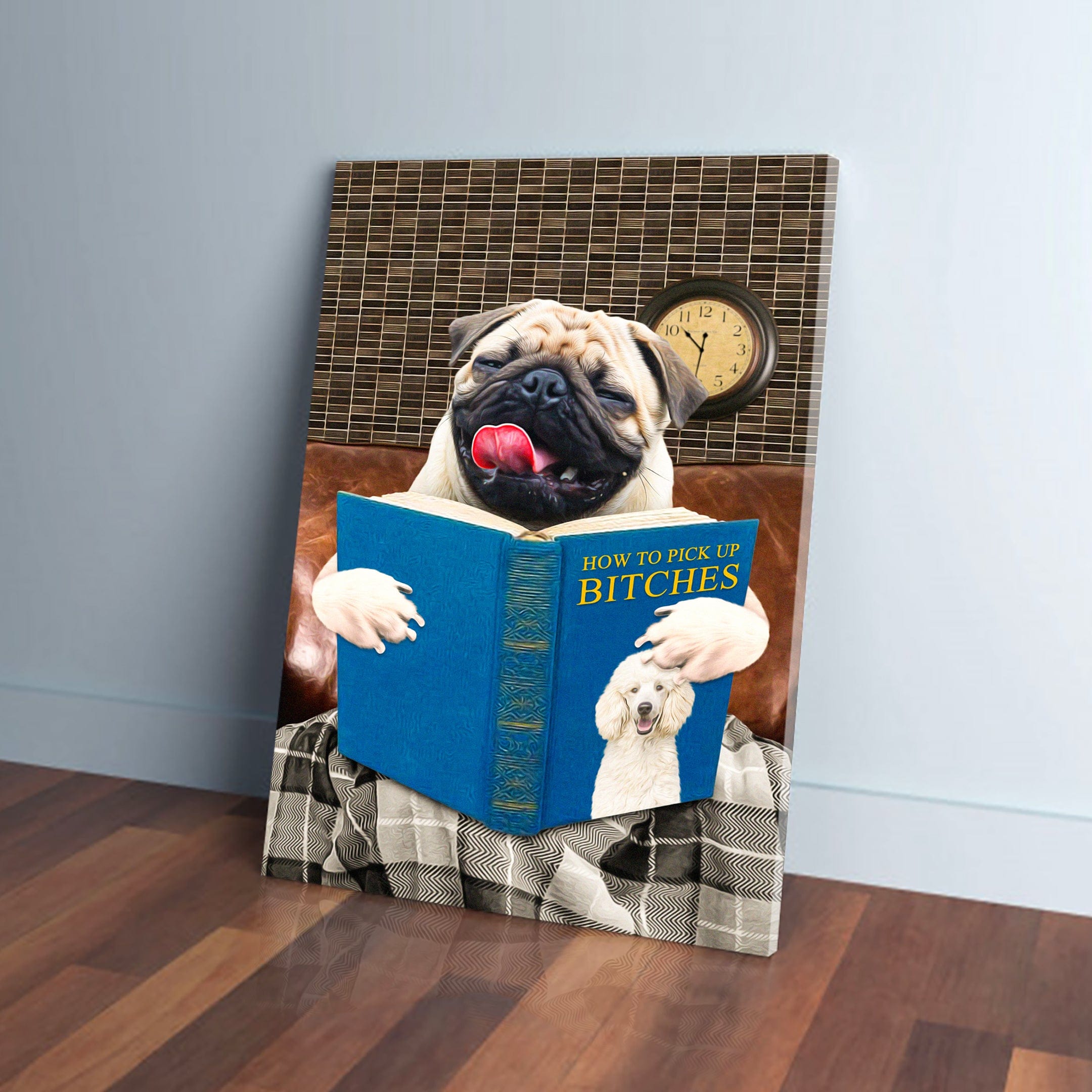 Custom canvas featuring a pug reading "How to Pick Up Bitches" with a poodle on the cover.