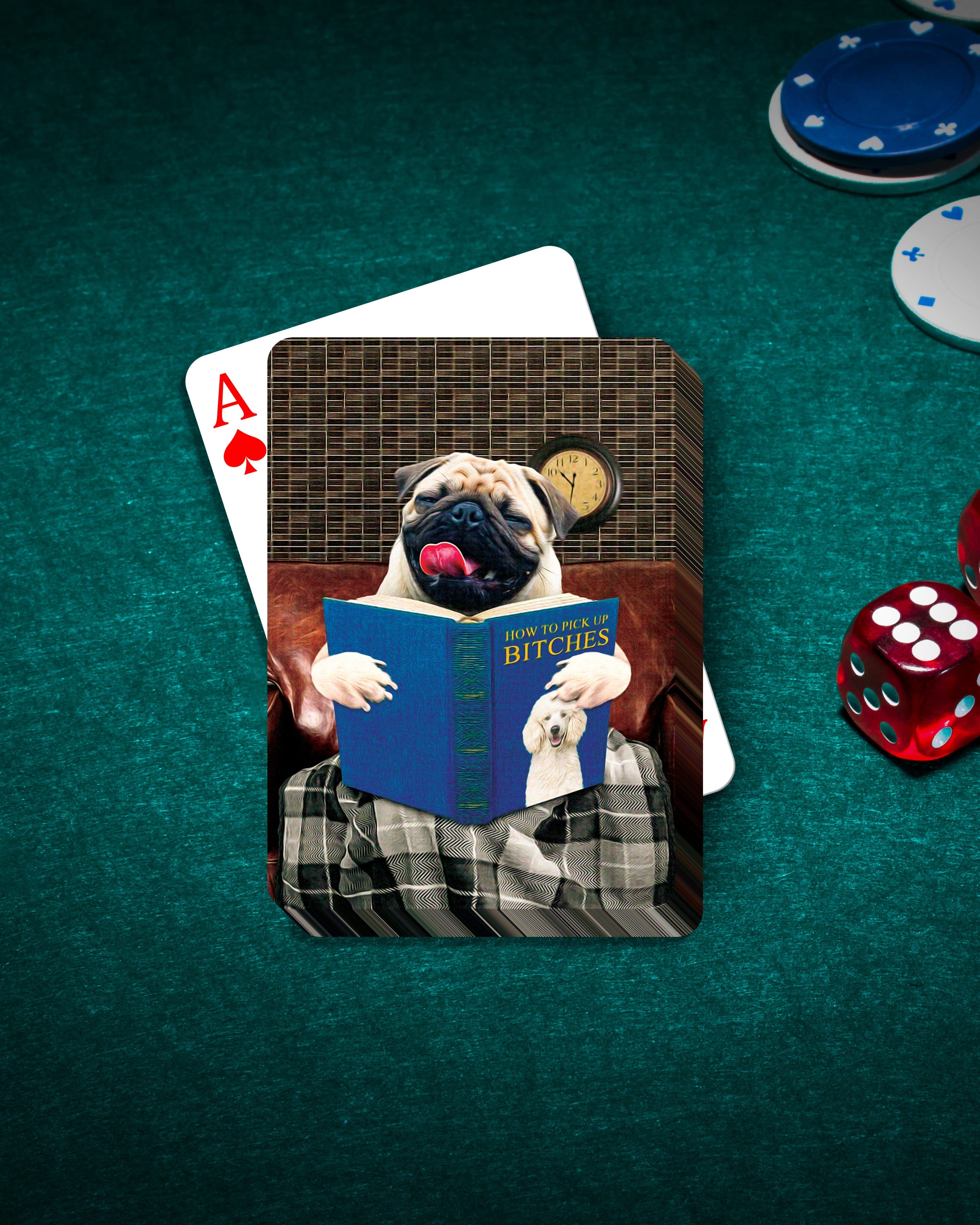Custom personalized playing card featuring a pug dog portrait reading a book, on a green poker table.