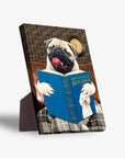 Personalized pet standing canvas featuring a pug reading a blue "How to Pick Up Bitches" book.