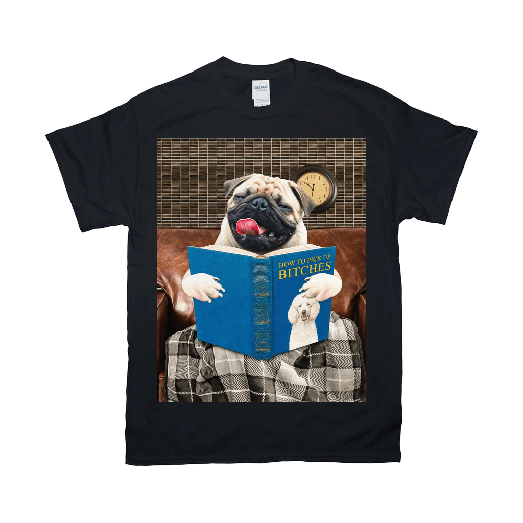 Black Gildan t-shirt with a pug reading "How to Pick Up Bitches" book, a white poodle peeking out.