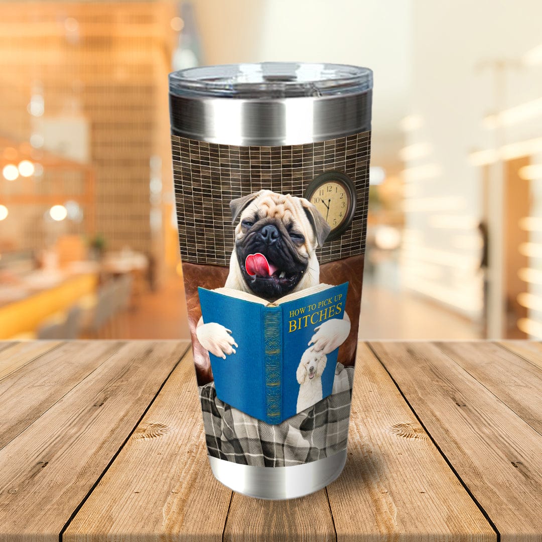 Personalized stainless steel tumbler with a custom pug dog portrait reading a book.