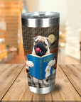 Personalized stainless steel tumbler with a custom pug dog portrait reading a book.