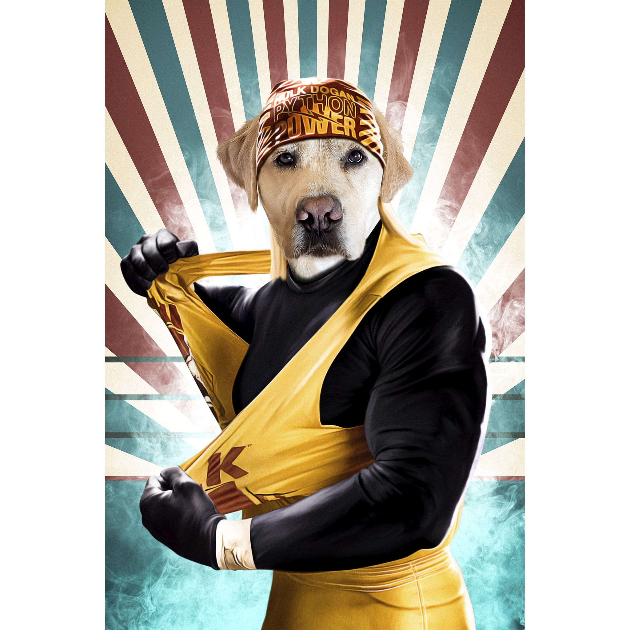 Personalized digital portrait of a dog as Hulk Hogan in a yellow wrestling outfit.