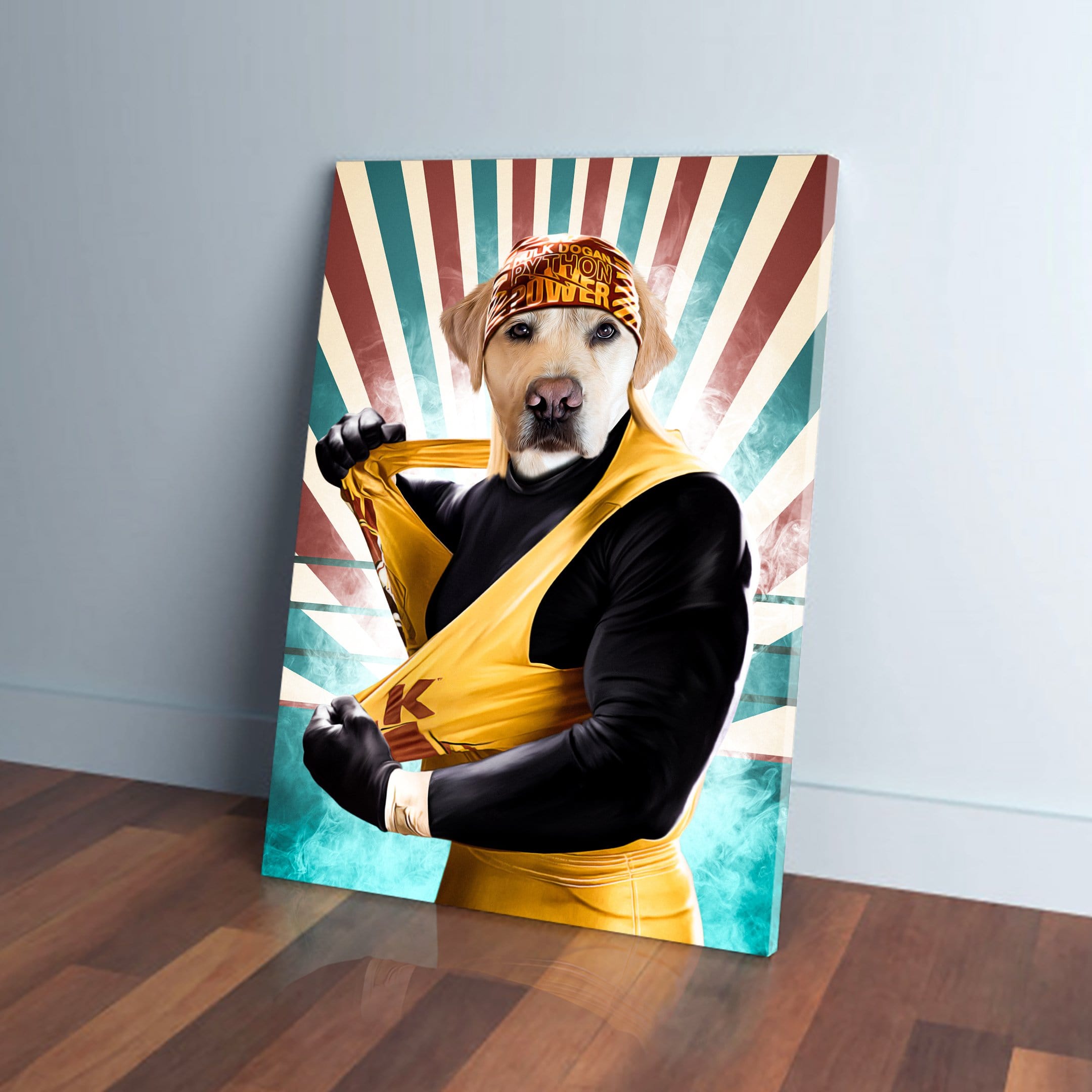 Personalized pet canvas featuring a golden retriever as "Hulk Dogan" in a yellow and black wrestling outfit.