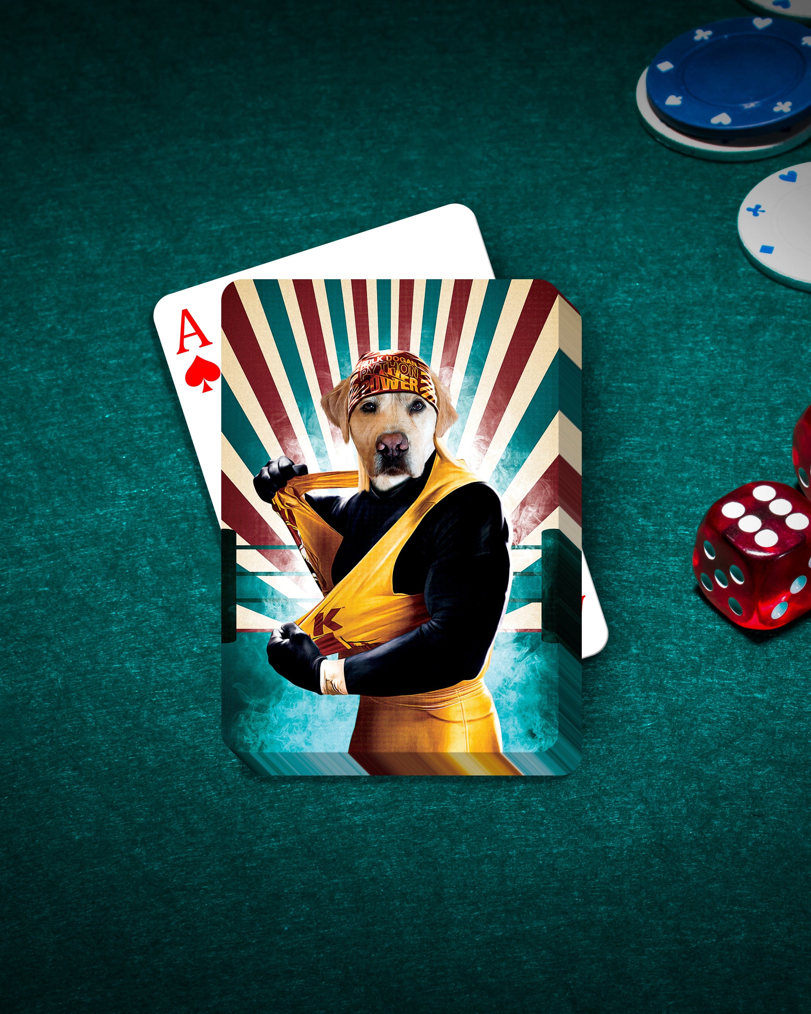 Custom personalized playing cards featuring a dog's head on a "Hulk Dogan" wrestler body.