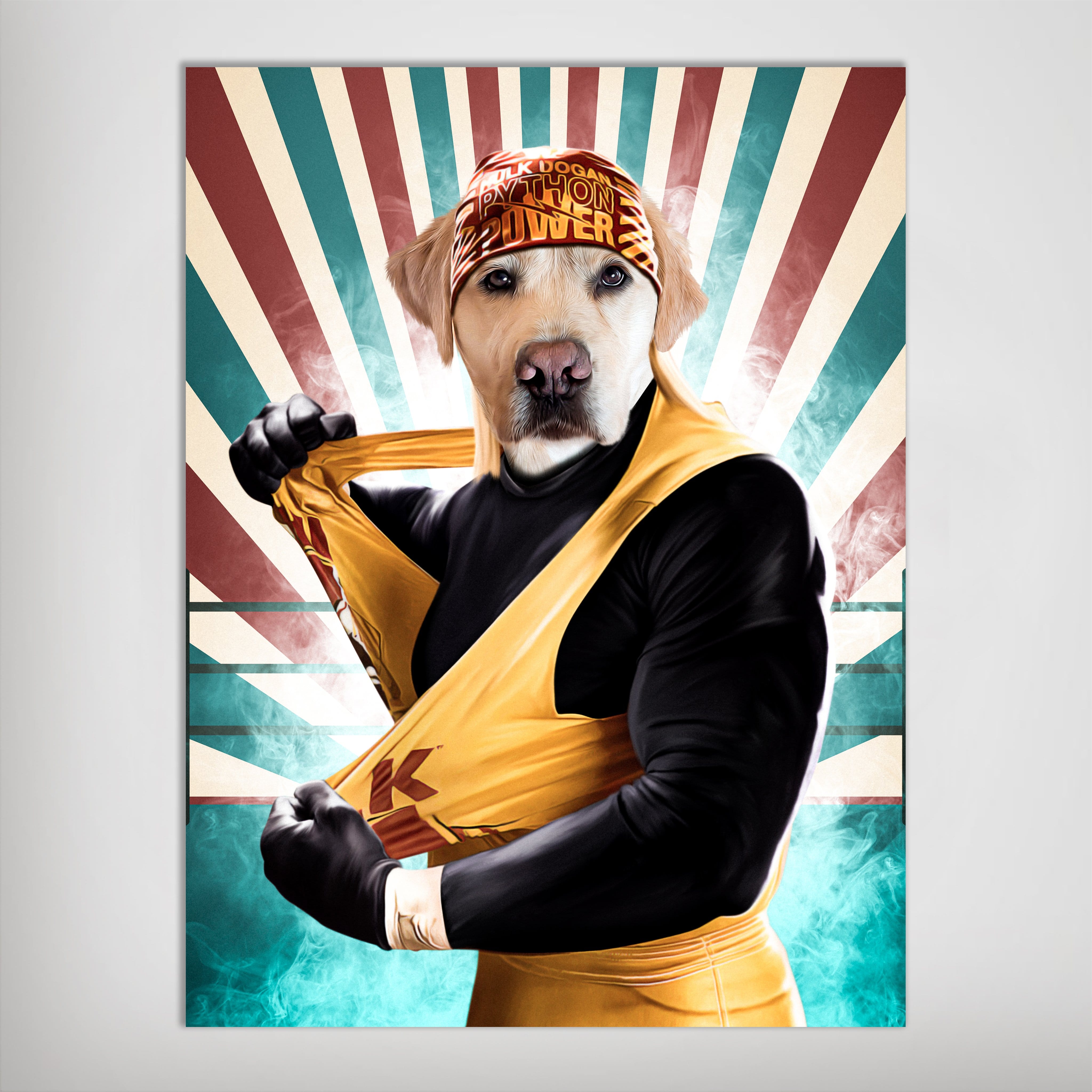 Personalized pet poster featuring a golden retriever's head on a "Hulk Dogan" wrestler body, with a retro striped background.