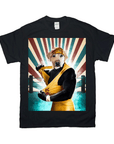 Black Gildan t-shirt featuring a personalized pet portrait of a dog as a wrestler, wearing a yellow outfit and bandana.