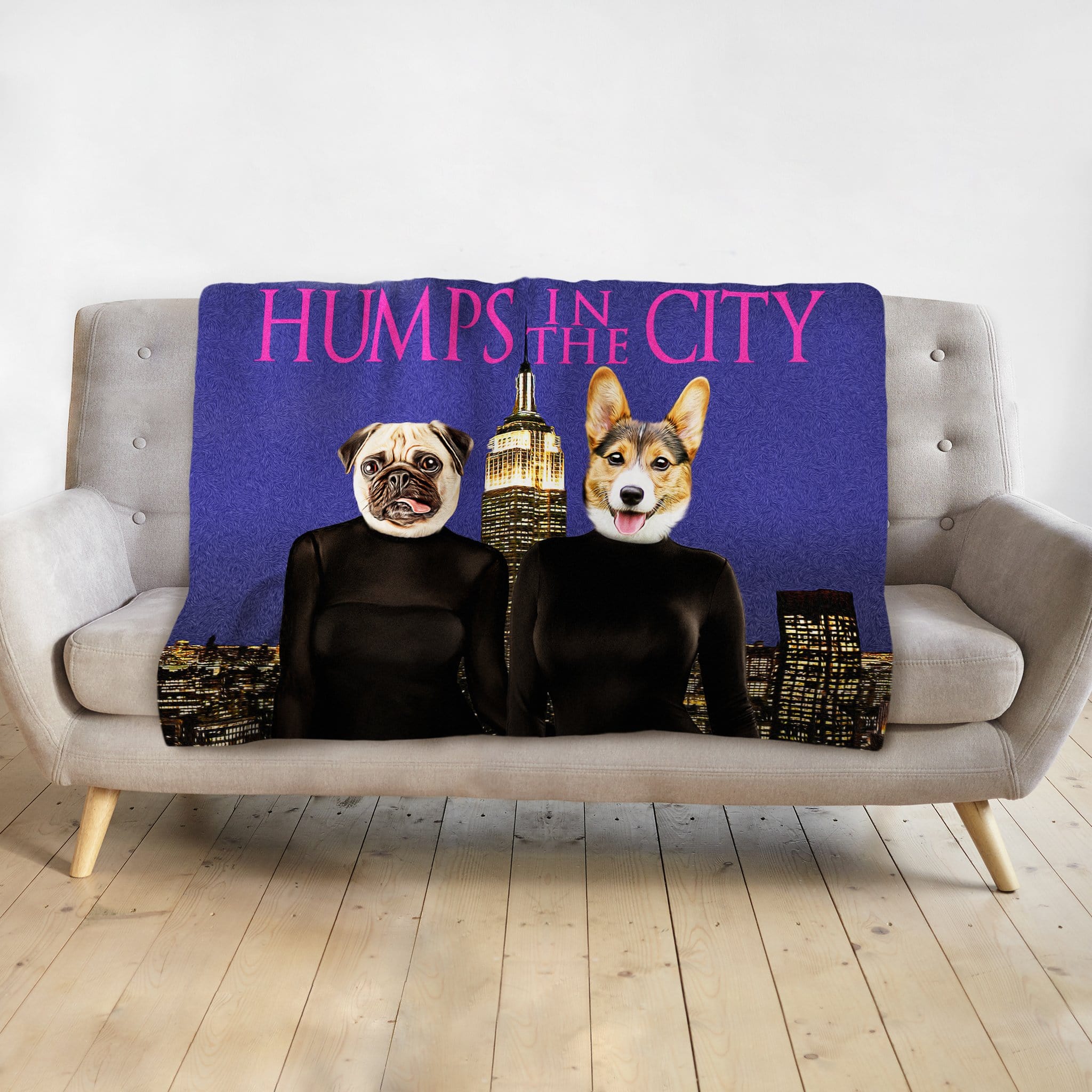 Custom personalized pet portrait blanket featuring a pug and corgi in "Humps in the City" design on a purple background.