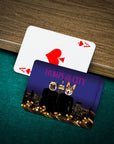 Personalized playing cards featuring two pets with human bodies over a city skyline, next to an Ace of Spades.