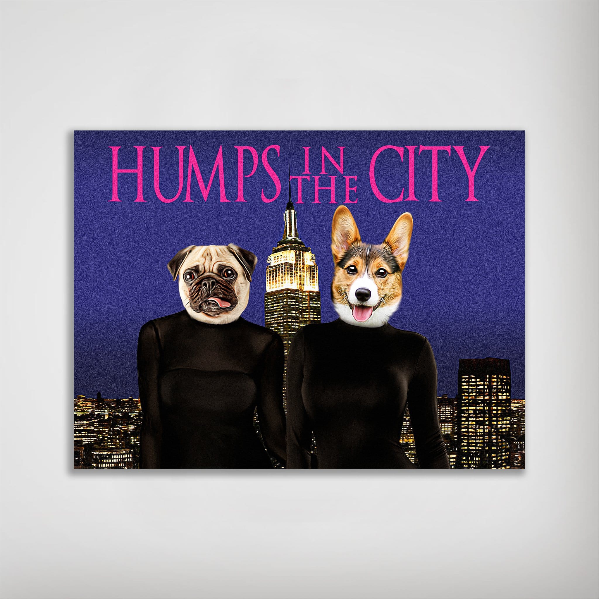 Personalized 'Humps in the City' poster featuring a pug and corgi on a dark blue cityscape background.