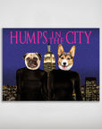 Personalized 'Humps in the City' poster featuring a pug and corgi on a dark blue cityscape background.
