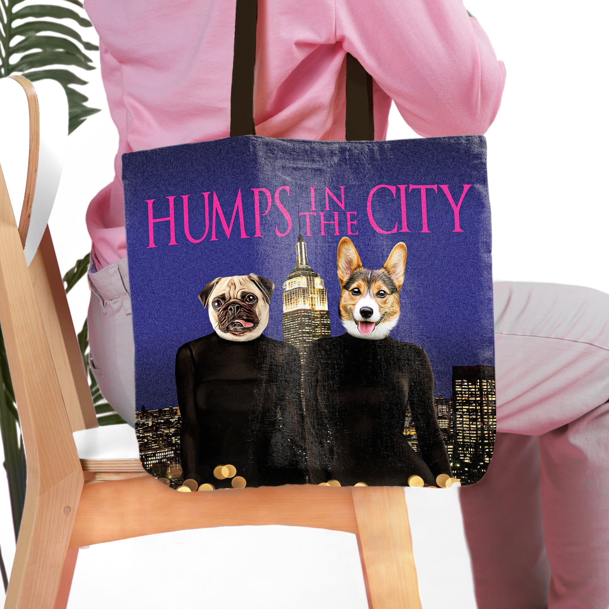 Personalized 2 pet tote bag with a pug and corgi portrait in "Humps in the City" style.