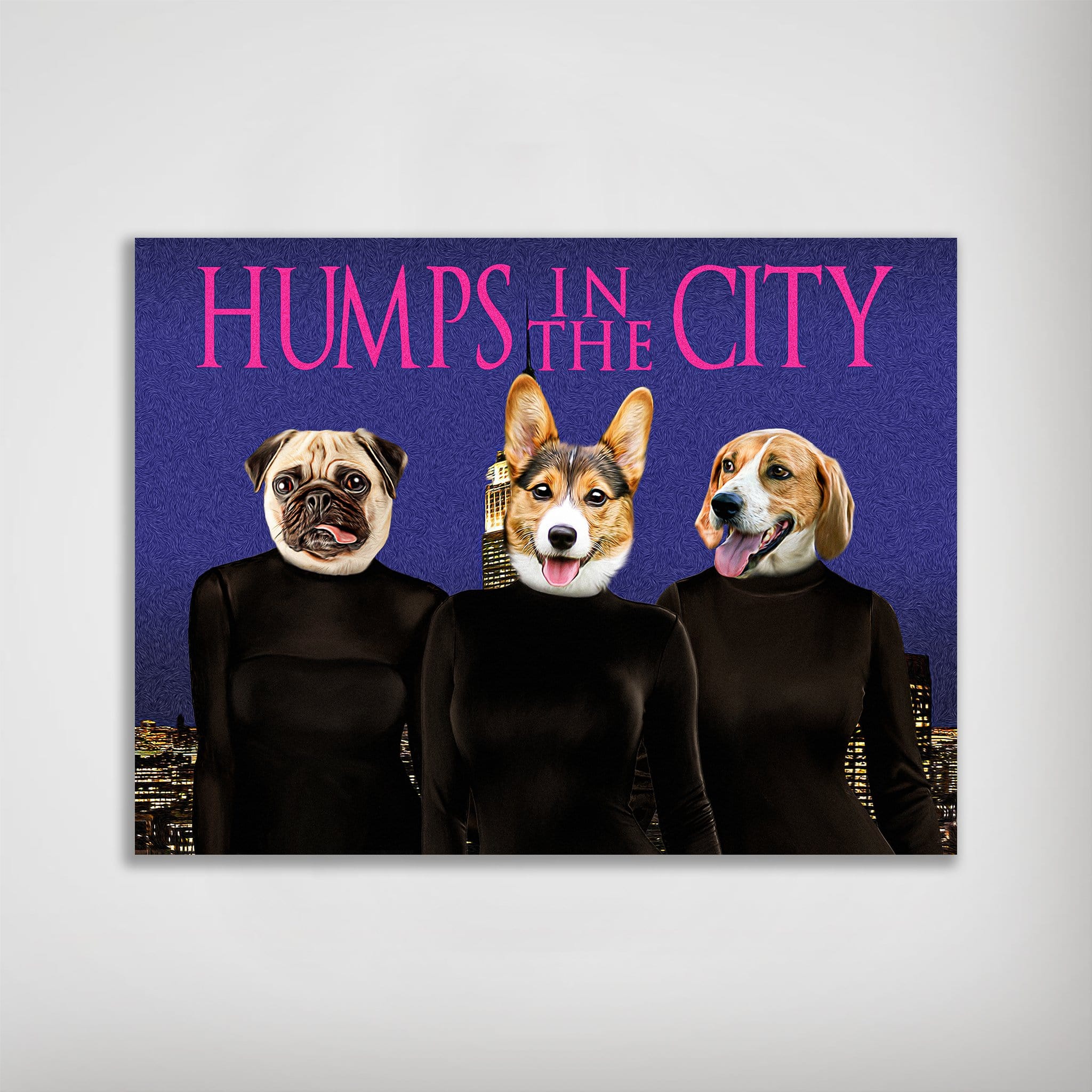 Personalized 'Humps in the City' poster featuring a pug, corgi, and beagle in black turtlenecks against a city skyline.