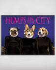 Personalized 'Humps in the City' poster featuring a pug, corgi, and beagle in black turtlenecks against a city skyline.